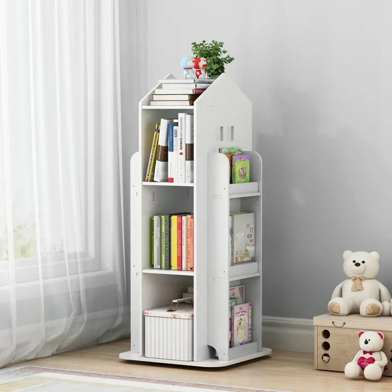 Livingandhome  Kids House Frame 360-degree Rotating Bookshelf with 10 Shelves, White/White+Pink/White+Blue