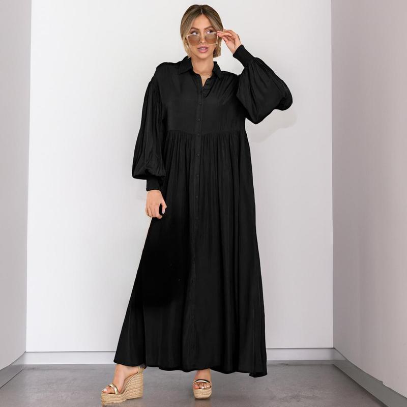 Women's Trendy Plain Lapel Balloon Sleeve Button Up Pleated Maxi Dress,Spring & Summer Dresses for Women,Solid Color Maxi Dresses for Women,Lady Loose Dress for Daily Holiday Wear,Birthday Outfits for Women,Comfortable Womenswear 2