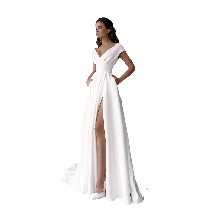 Prom Maxi Dress for Women Wedding Party Cloth V-neck Solid Backless Short Sleeve Mopping Long Skirt Vestidos Woman White Dresses 2