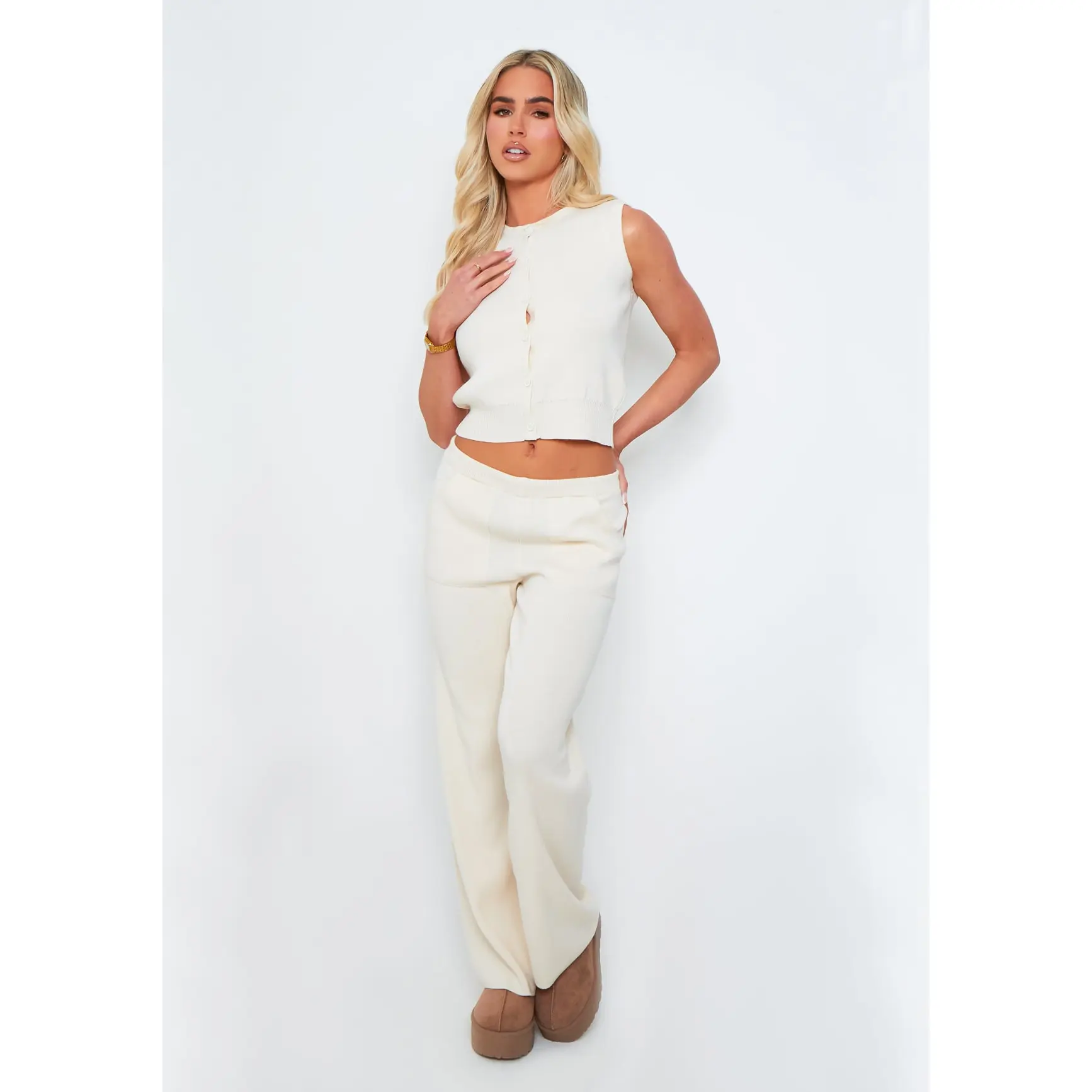 Missy Empire Cream Pocket Detail Knitted Trousers