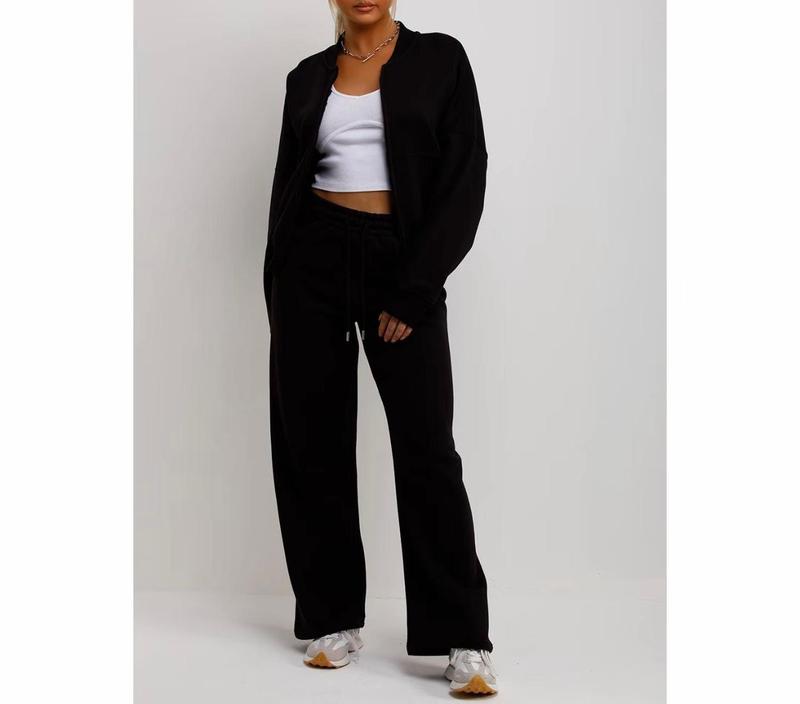 Bomber Sweatshirt With Zip And Joggers Loungewear Set Black Womenswear 3