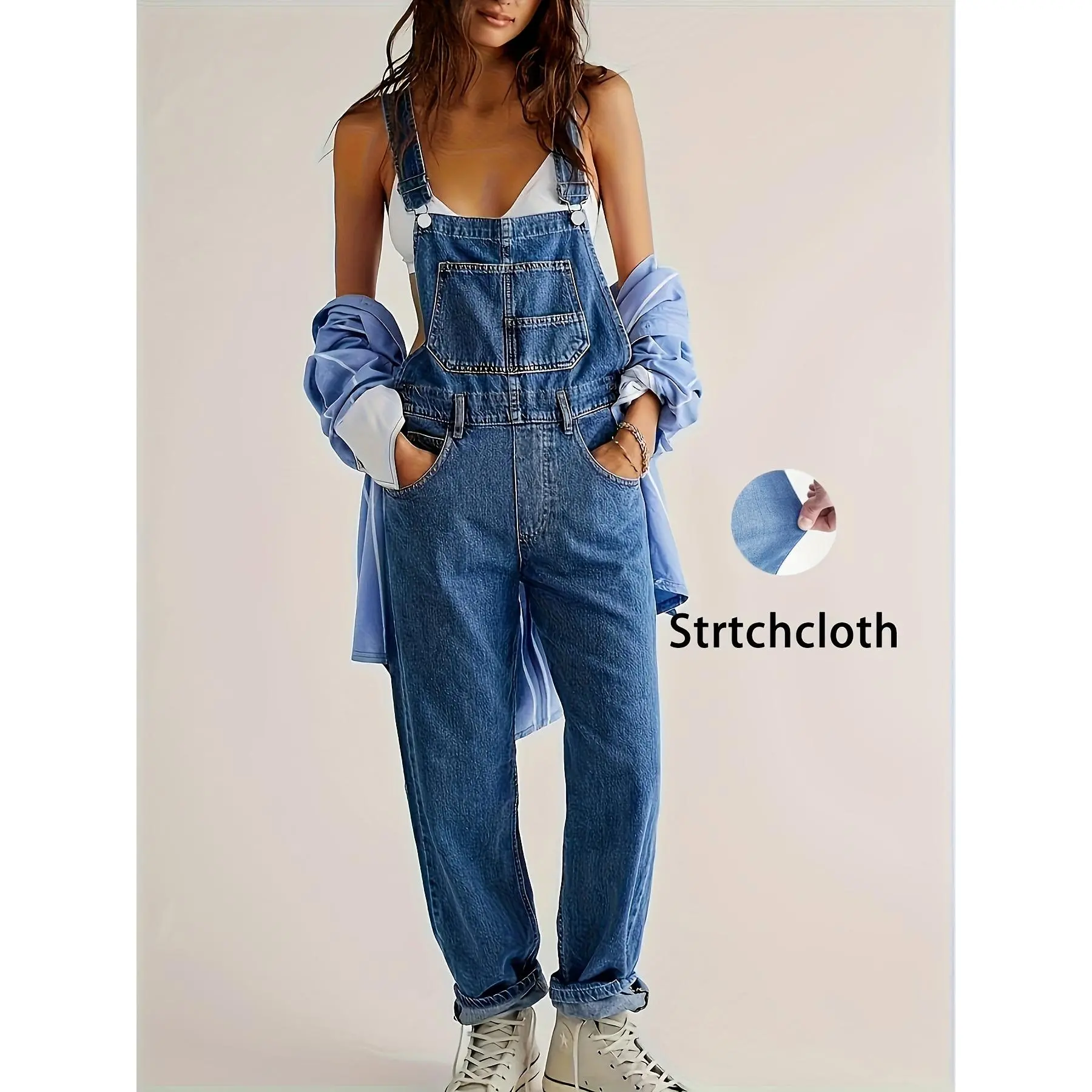 Women's Casual Denim Overalls, Rayon Blend, Solid Color, Long Length, Regular Fit, with Strappy Back Detail, for All-Season Woven Fabric, Casual Denim Wear|Stylish Strappy Overalls|Rayon Blend Fabric