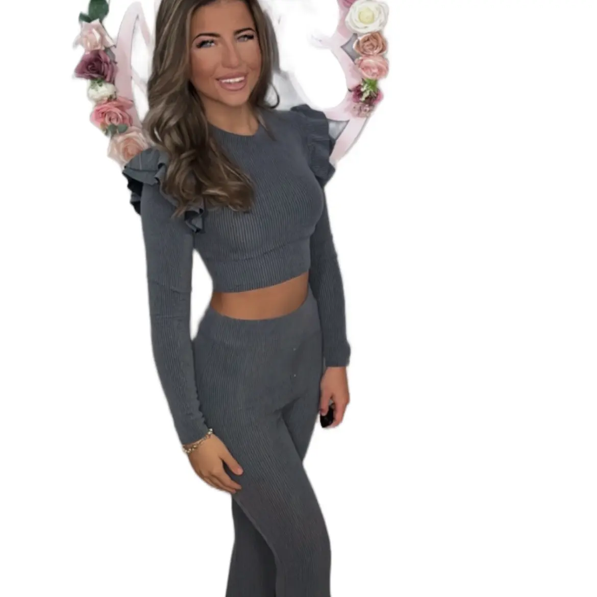 Soft Ribbed Long Sleeved Frill Shoulder Flared Set