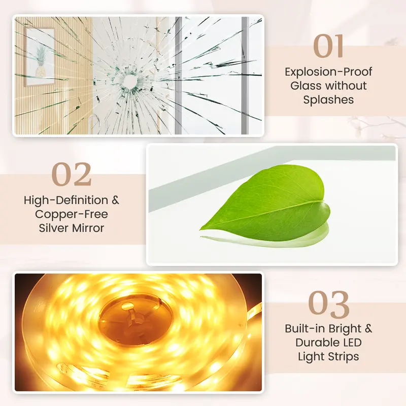 COSTWAY Anti-Fog Mirror LED Bathroom Mirror with 3 Color LED Light 5