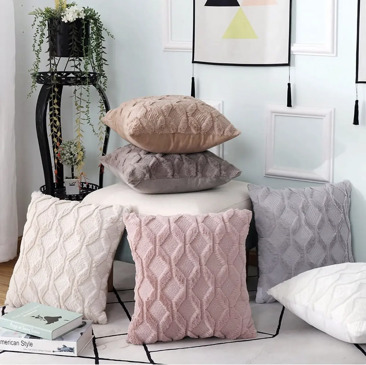 Set of 2 18x18" Luxury Textured Chenille Fur Geo Cushions Pillow Square Sofa Bed