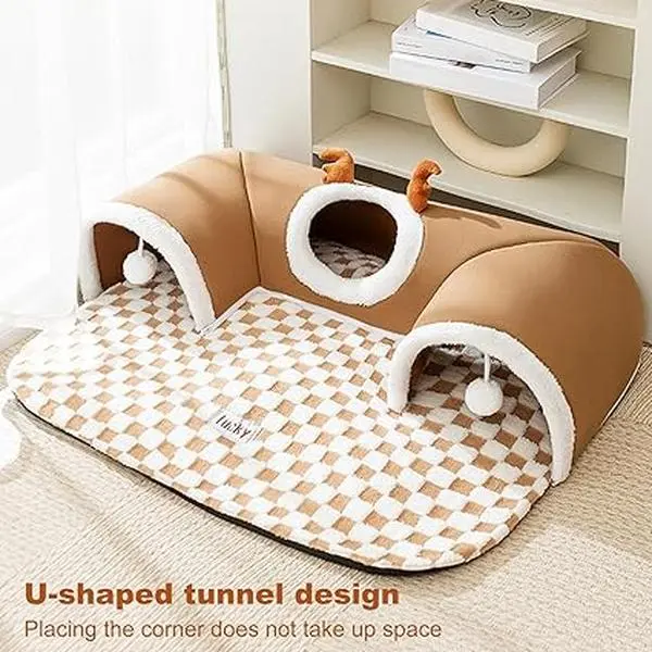 Winter Indoor Warm Plush Cat Bed with Reindeer Appearance Hide and Seek Cat Tunnel Play and Sleep Integrated Cat House Pet Nest