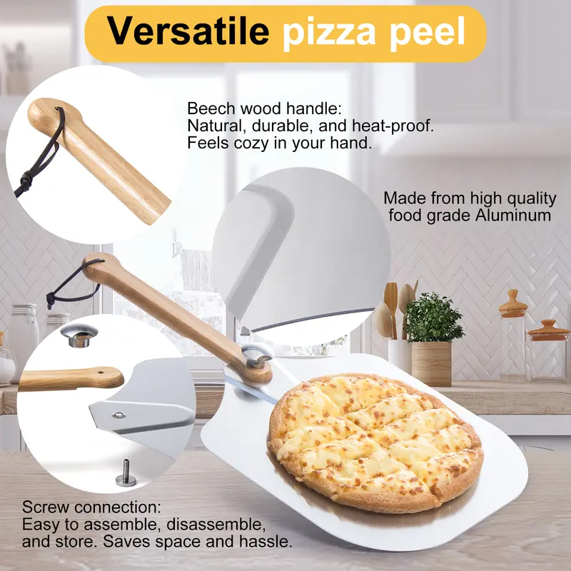 XPERTOOLS 12x14 Pizza Peel - Wooden 12 Inch Pizza Paddle with Foldable Beach Wood Handle - Precision-Crafted Aluminium Turning Peel - Essential Pizza Oven Accessories for Homemade Perfection Kitchen Pasta Utensils 2