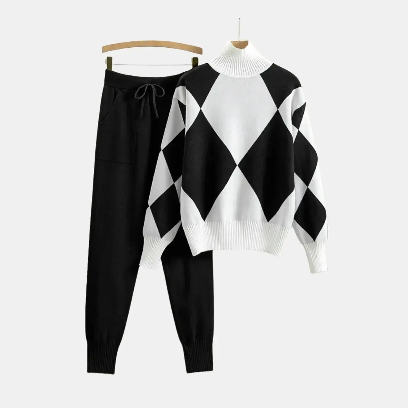 2025 fashion set women's autumn and winter new casual knitted checked sweater two-piece European goods tide Clothing Womenswear Long Sleeve Geometric