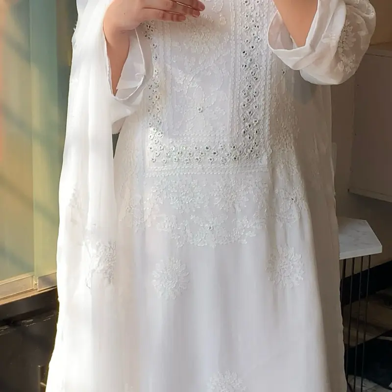 Handmade Chicken kari Chifoon 4PC Women Dress For Muslim Women and Girls ( Sleeves and Daman Design will be as per Black Suit Design) 7