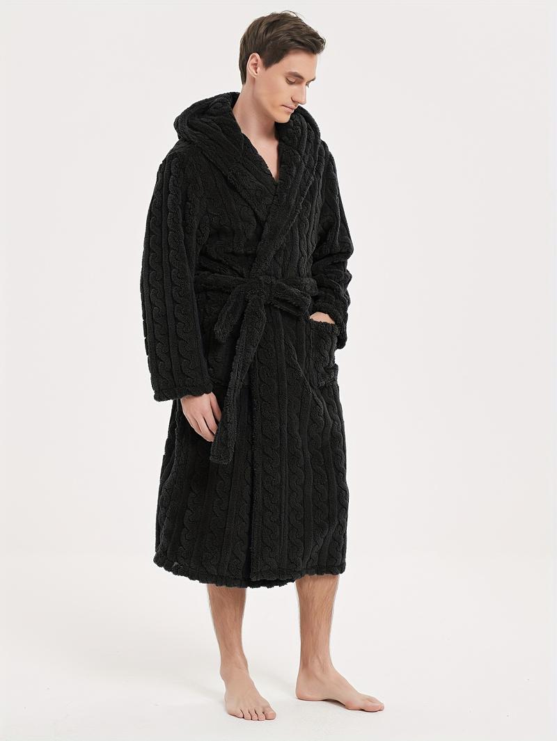 Product Introduction of Men's Comfy Solid Fleece Robe Home Hooded Pajamas Wear With Pocket & Hair Dry Hat, One-piece Lace Up Kimono Night-robe Warm Sets After Bath 4