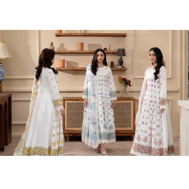 KC-1436 Embroidered Cambric Cotton long Frock Dress Ready to Wear 3 Pc - Karma Collection 2