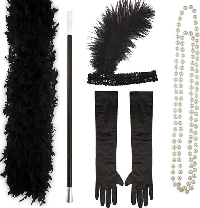 1920s Flapper Ladies Costume Accessories: Feather Boa, Headband, Gloves, Pearls, Cigarette Holder Party Accessory 0