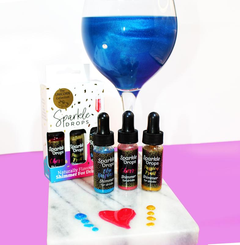 Sparkle Drops Unicorn Collection (Blue Raspberry, Passion Fruit & Cherry) Shimmer Syrup for Drinks-Prosecco, Gin, Vodka, Cocktails & Mocktails - 18-24 Servings. (Dairy Free, Fruity, Low Fat, Natural Flavours) Beverage Sweet edible glitter Set 2