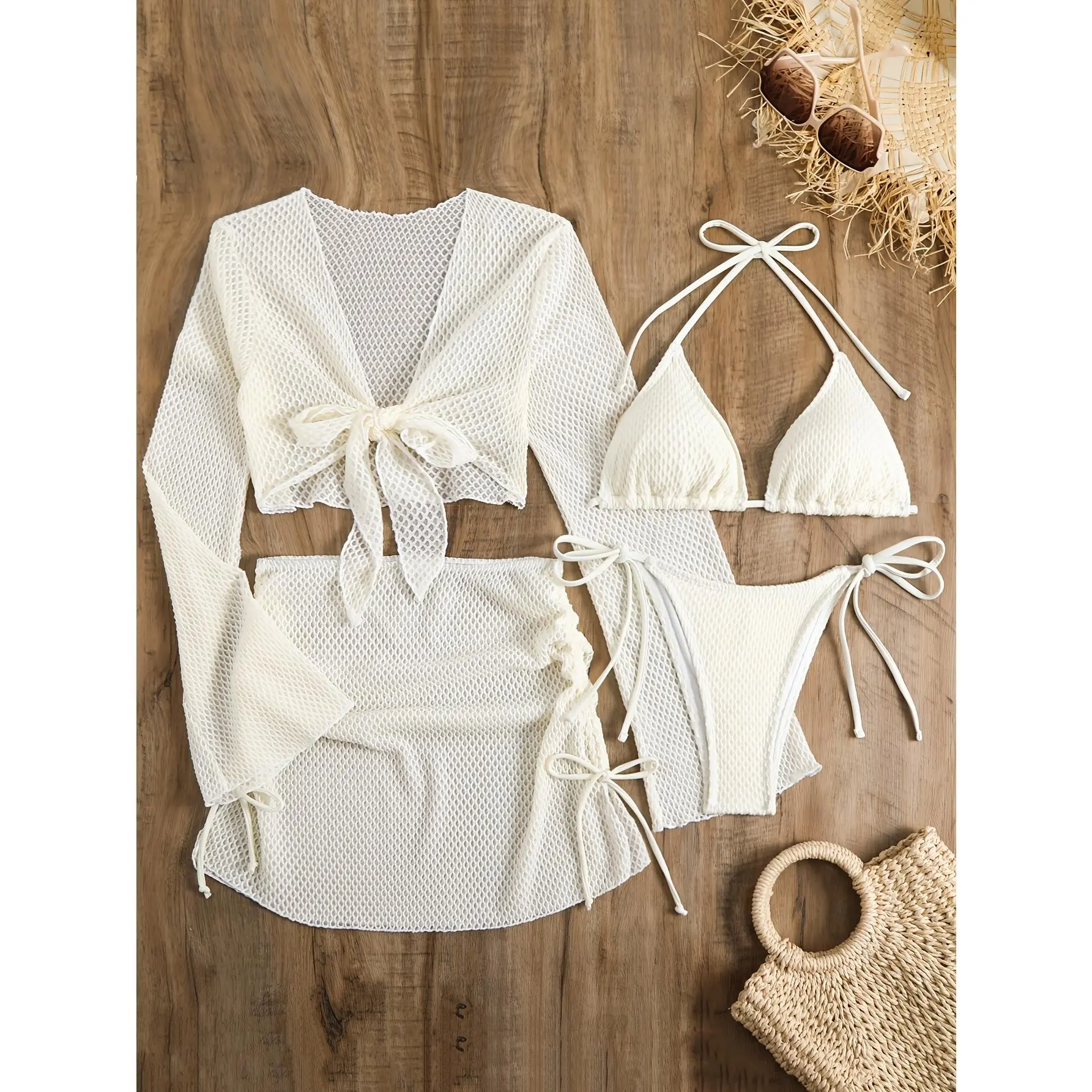 High-Quality 4pcs Lauvoco Women's Bikini Set - Comfortable High Stretch Polyester with Elastane, Sleeveless Off-the-Shoulder Cover-Up, Lace-Up Mesh Skirt, Solid Color Swimwear with Knit Fabric Detailing