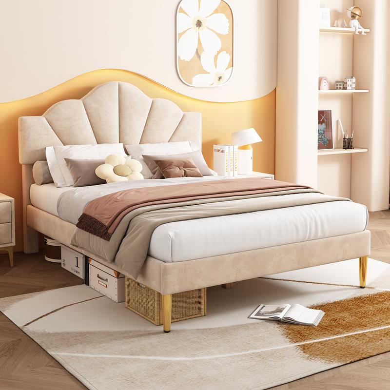 Luxury Uk New King Size Bed-5ft(150*200cm)TV Double Velvet upholstered bed shell-like bed with golden iron legs, height-adjustable headboard, wooden slatted frame, Beige california king 1