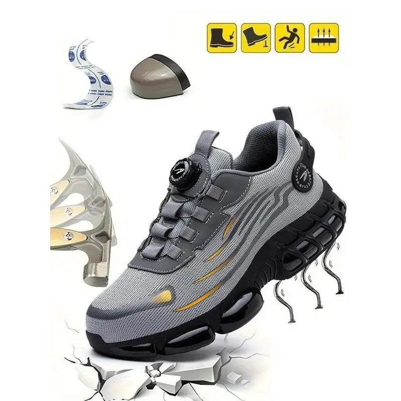 Men's Lace Up Low Top Anti Piercing & Anti Smashing Safety Shoes with Rotating Button, Back To School Casual Contrast Mesh Work Shoes, Contrast Mesh Footwear for Outdoor Boy Walking Shoes 0