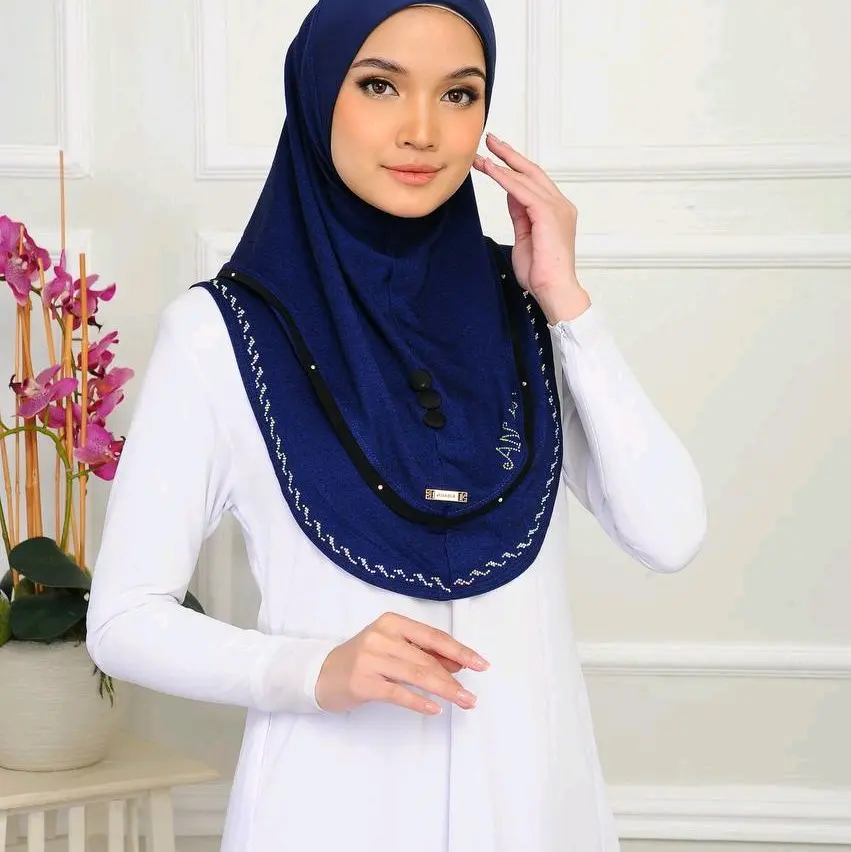 Malaysian Hijab with Customized Stone Design - Denim Material
