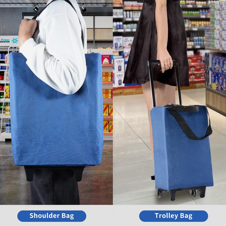 Shopping Trolley on Wheels Foldable Trolley Bags with Telescopic Handle Reusable Water Proof Trolley Bag 2 in 1 Shopping Trolleys Suitable for Shopping Supermarkets and Travel Blue 3