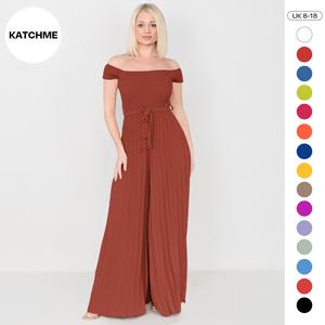 KatchMe Women's Trendy Square Neck Short Sleeve Waist Tie Pleated Jumpsuit(LIVE),Plain Off The Shoulder Jumpsuit for Outdoor Wear,Holiday Womenswear