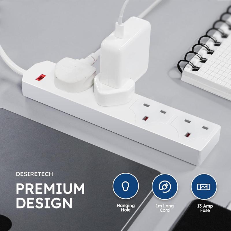White Electric Extension Lead - 4 Gang, 1 Metre Cable with UK Plug & 3 Pin Socket - Wall Mountable & Multi Socket Mains Strip for Home, Bedroom, Kitchen, & Office (1 Pack) 3