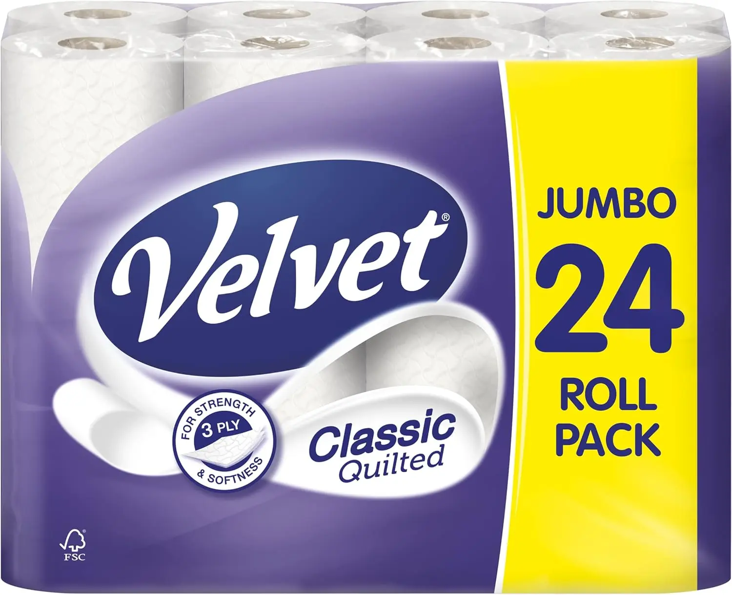 Velvet Classic Quilted Toilet Tissue 24 Rolls - Luxuriously Soft, Strong and Absorbent Toilet Roll - Jumbo Bulk Pack 24 Rolls - 3-ply - White Wipes