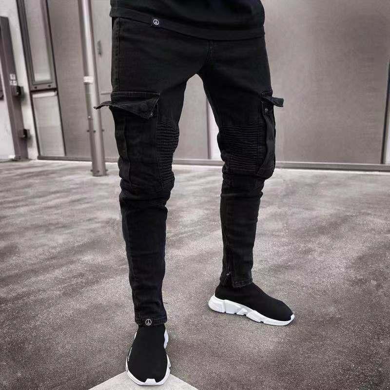 Spring Autumn Winter Men's Stretch Jeans Black Large Side Pocket Worker Jeans Fashion Zipper Skinny Jeans Stretch Jogging Pants Menswear Streetwear Trouser Denim 6