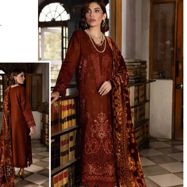 Nureh Luxury Ready to Wear | Tailored Stitched | Embroidered Leather Peach Women's Womenswear Collection with Velvet Palachi Shawl and Dyed Leather Trouser - Soft, Asian Elegance Clothing Embroidery Dress Traditional Comfortable Elegant Suit 2