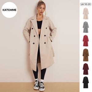 KatchMe Women's Commuter Double Breasted Notch Lapel Waist Tie Pocket Thermal Coat (Size:6-18),Basic Womenswear,Lady's Plain Jacket for Fall & Winter