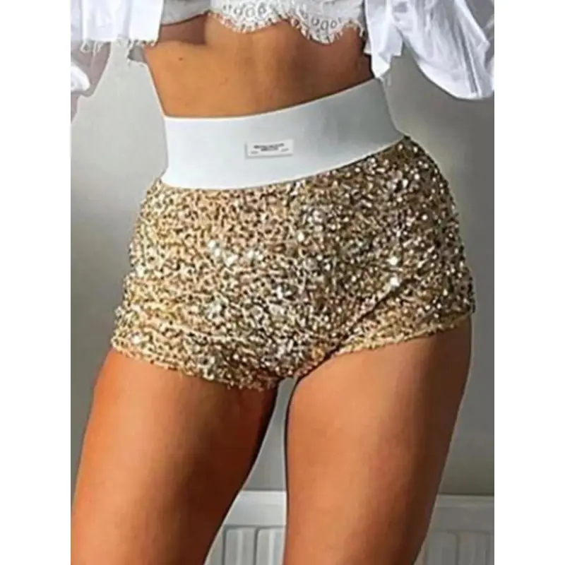 "Women's Sequin Patched Skinny Shorts - High Waist Glitter Party Club Shorts, Sexy Night Out Bottoms, Trendy Festival Wear, Eye-Catching Sparkly Shorts, Stylish & Flattering Fit, Dance & Concert Outfit, Must-Have Statement Fashion for All Seasons in the U 3