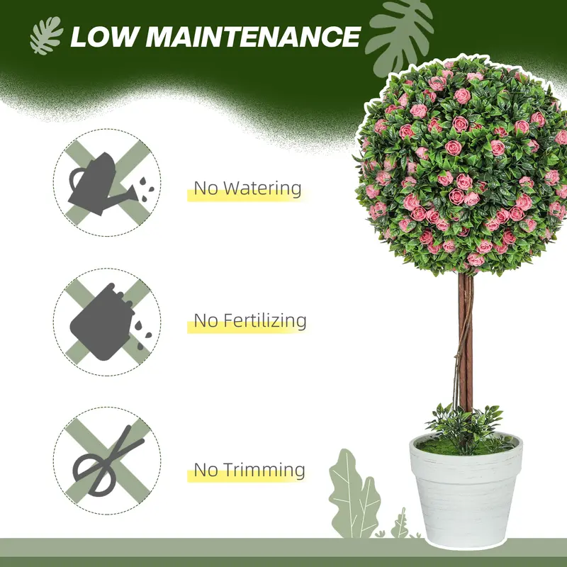 HOMCOM Set of 2 Decorative Artificial Plants, Ball Topiary Tree with Rose Flower in Pot, Fake Plants for Home Indoor Outdoor Decor, 60cm 4