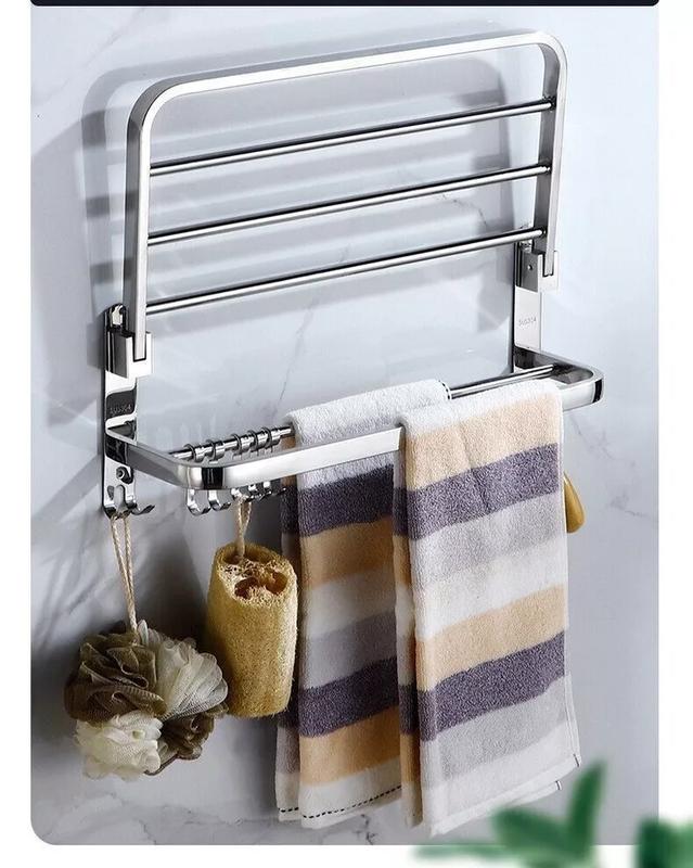 Double Tier Towel Rail Holder Wall Mounted Bathroom Rack Shelf With Hook Folding 5