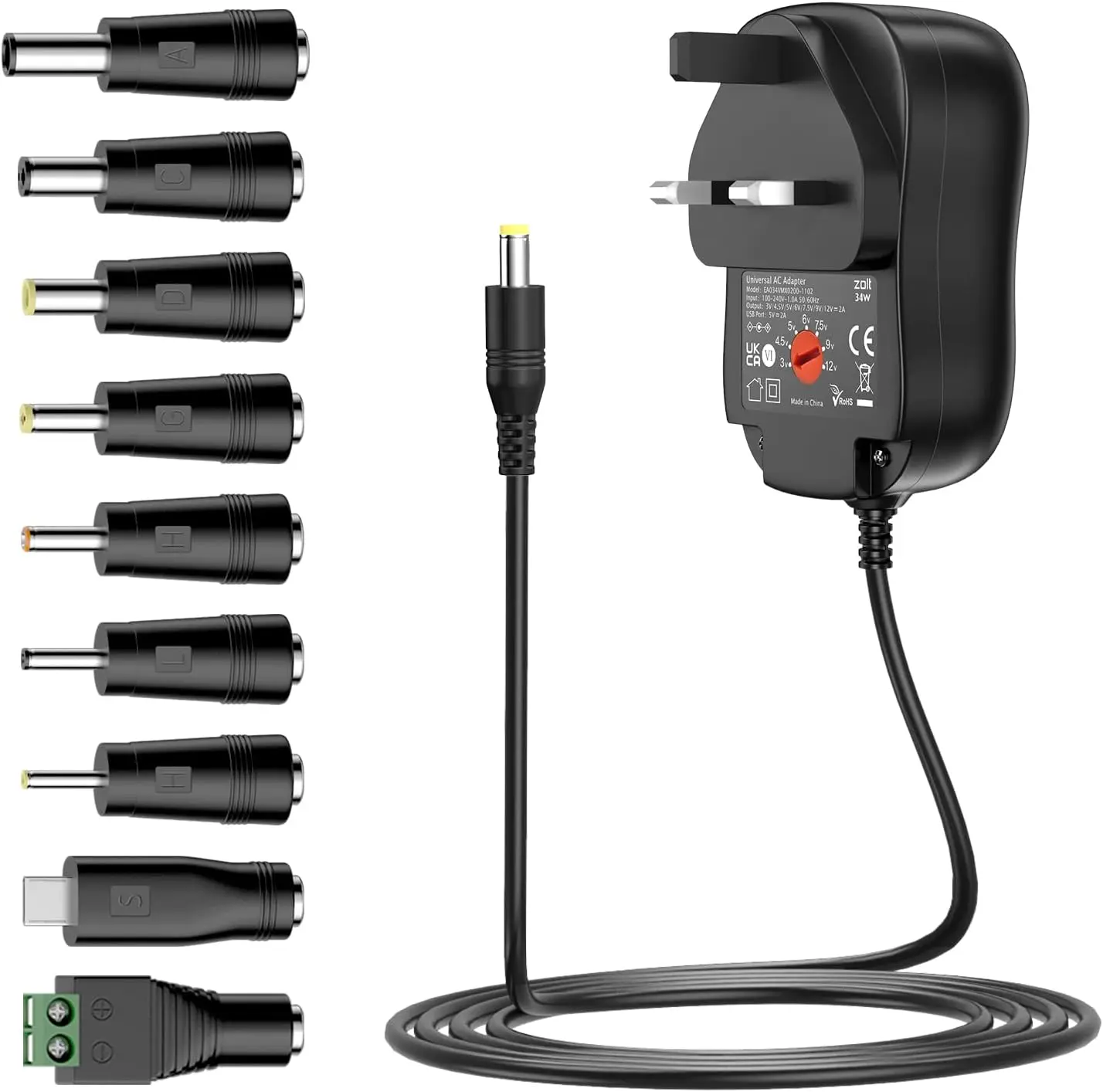 34W Universal Power Adapter 3V 4.5V 5V 6V 7.5V 9V 12V Power Supply AC DC Adaptor for Household Electronics with 5V 2A USB Port, 2A Max