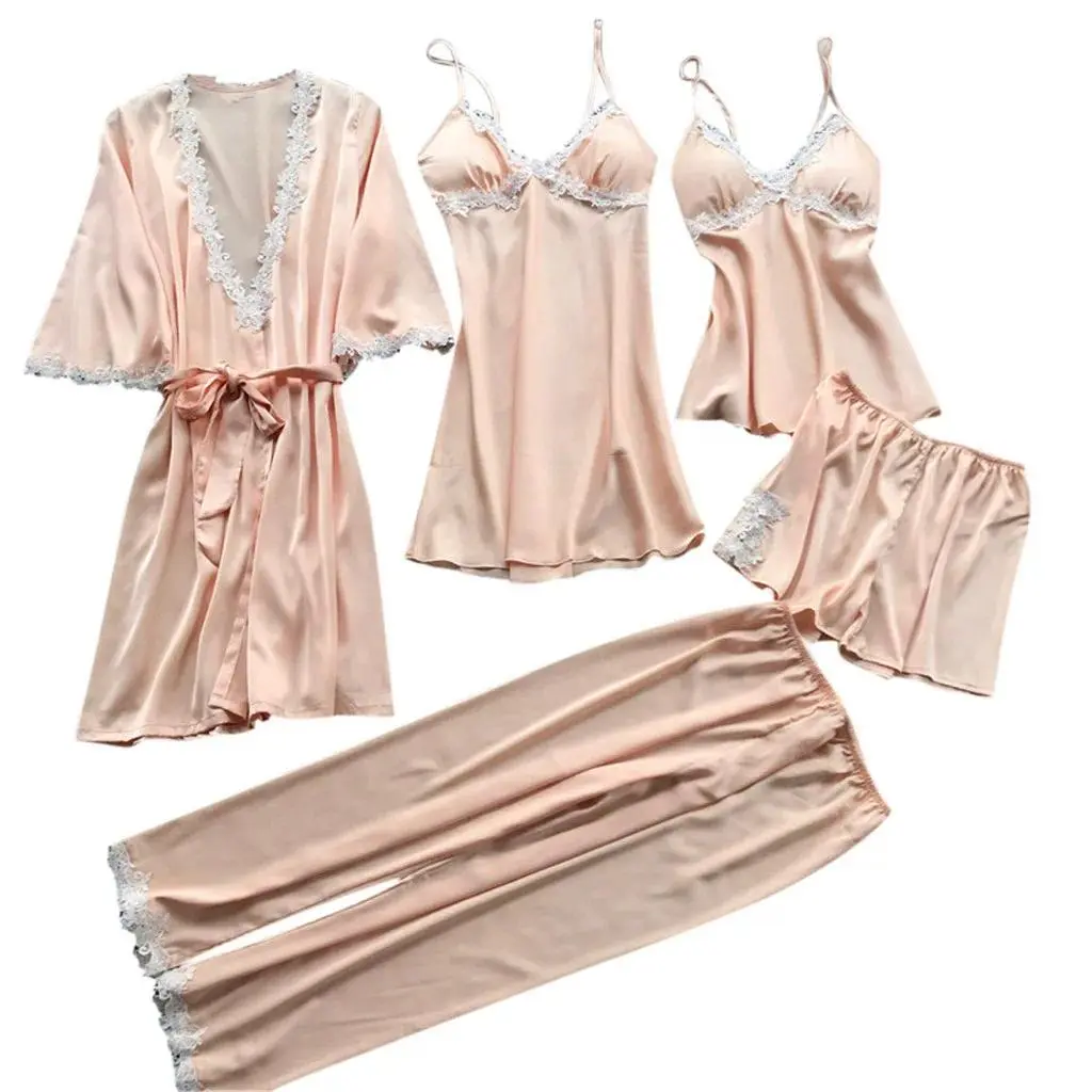 5 Pieces Sets Sexy Five-Piece Pajamas Women's Summer Half Sleeve Bridal Gown plus Size Homewear Nightgown Bathrobe Sleepwear New