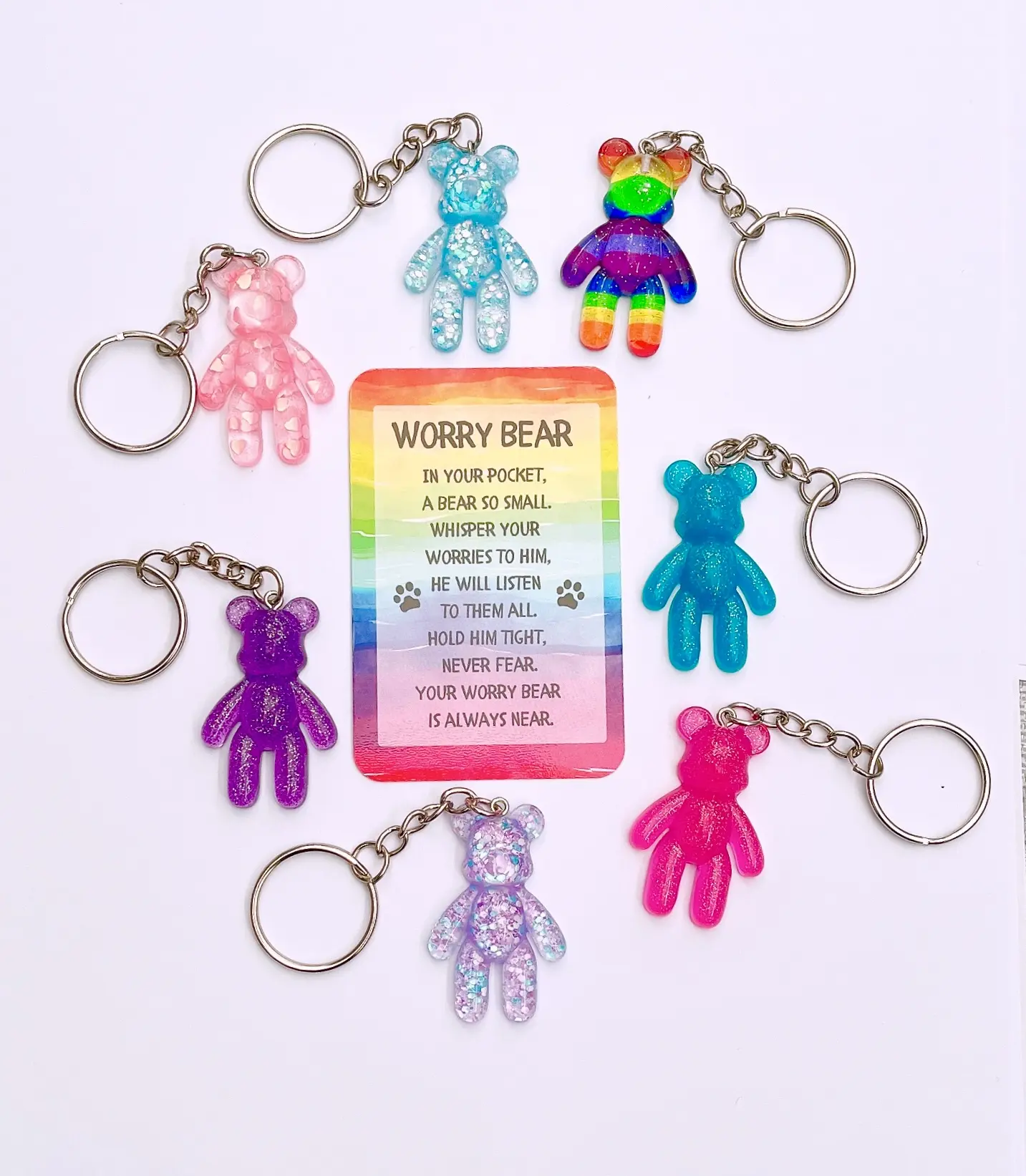 Mental Health Anxiety Worry Bear Keyring, Companion Gift, Pocket Hug, Stress Relief, Anxious Children, Adults, Present