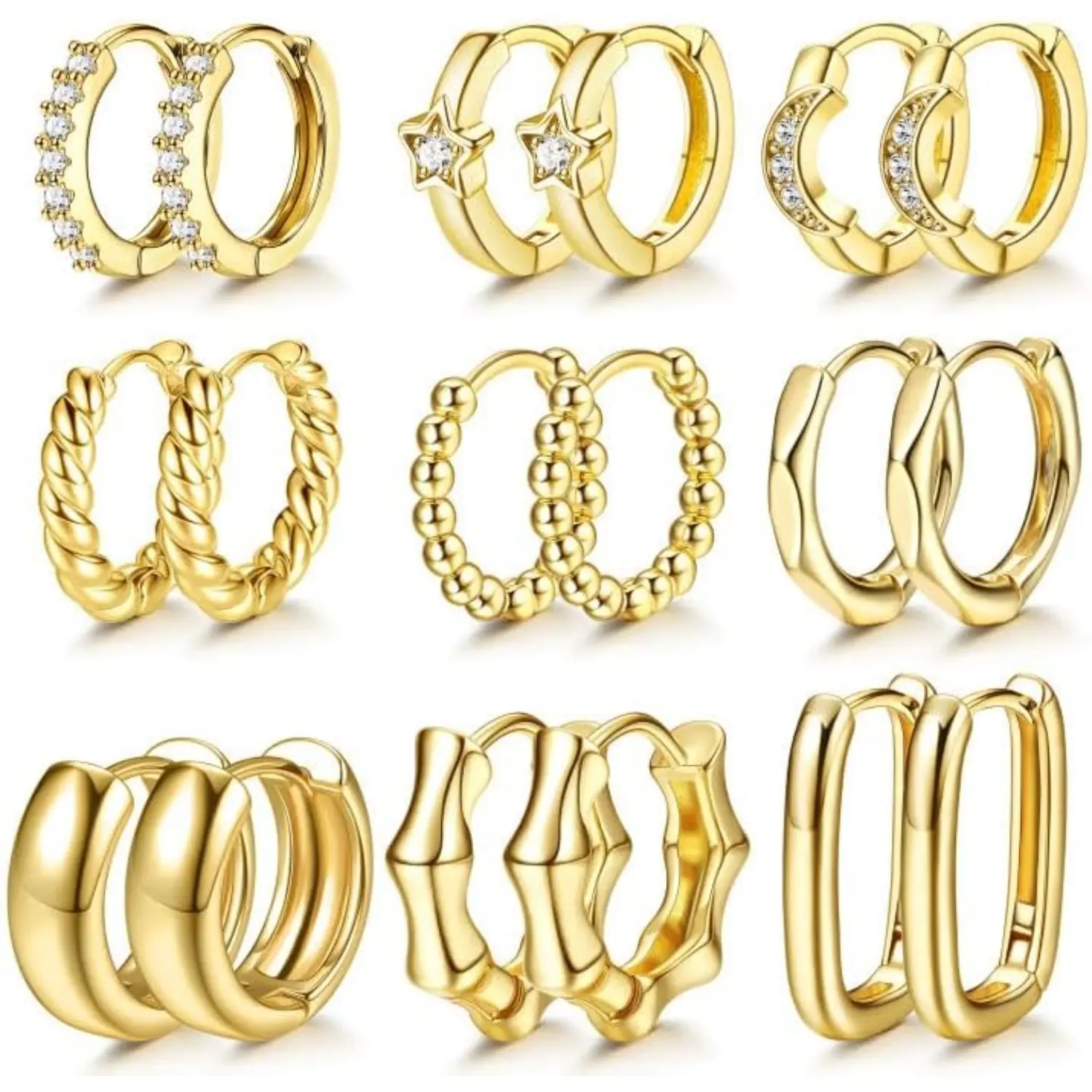 MILACOLATO 9 Pairs Gold Hoop Earrings for Women Girls,Real Gold Plated Hoop Earrings with Cubic Zirconia Twist Oval Star Small huggie Hoop Earrings Set Hypoallergenic Chunky Gold Hoop Earrings