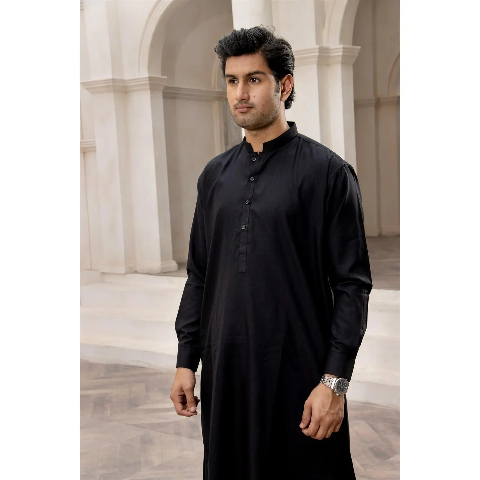 BS-BLACK PLAIN - Plain Kurta shalwar with simple button detailing around the neck line in soft polyester viscous fabr