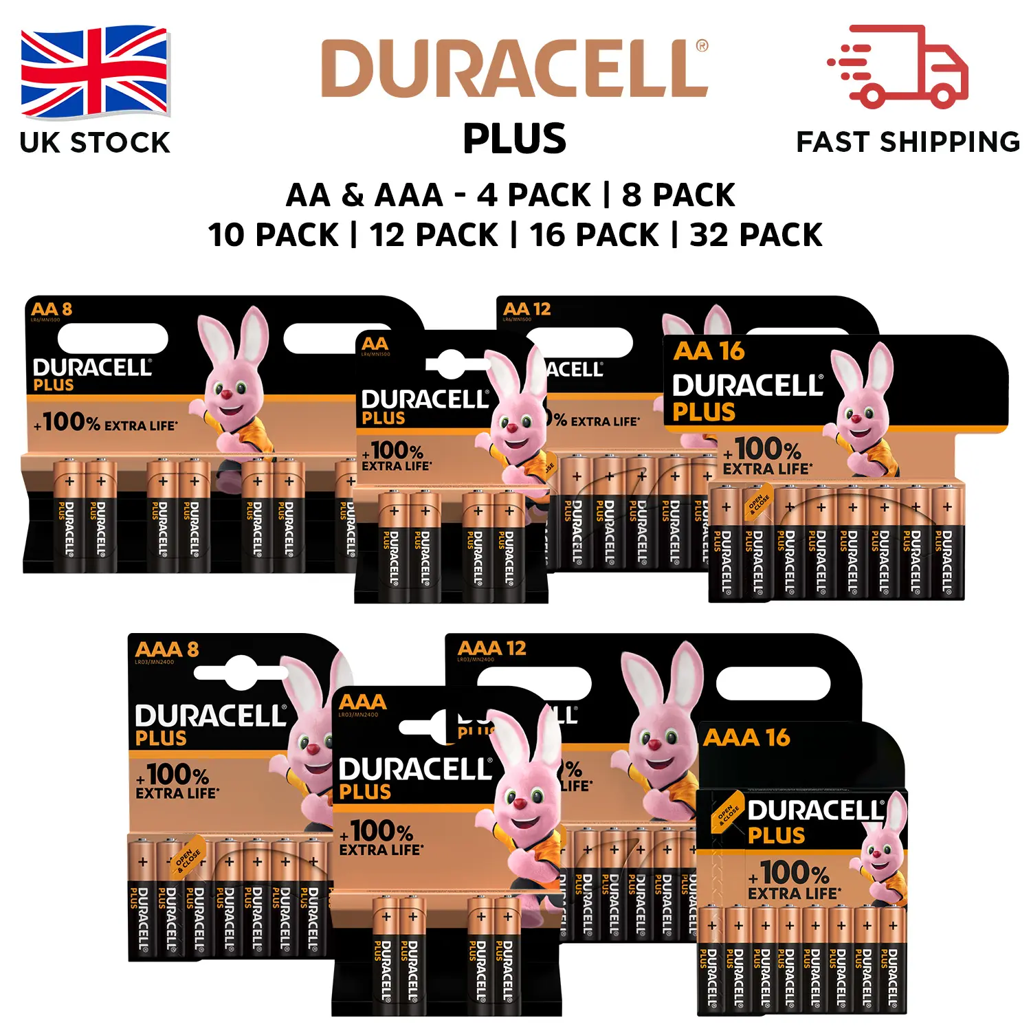 Duracell Plus AA & AAA Batteries - Alkaline 1.5V - Up To 100% Extra Life - LR6 MN1500 - Durable