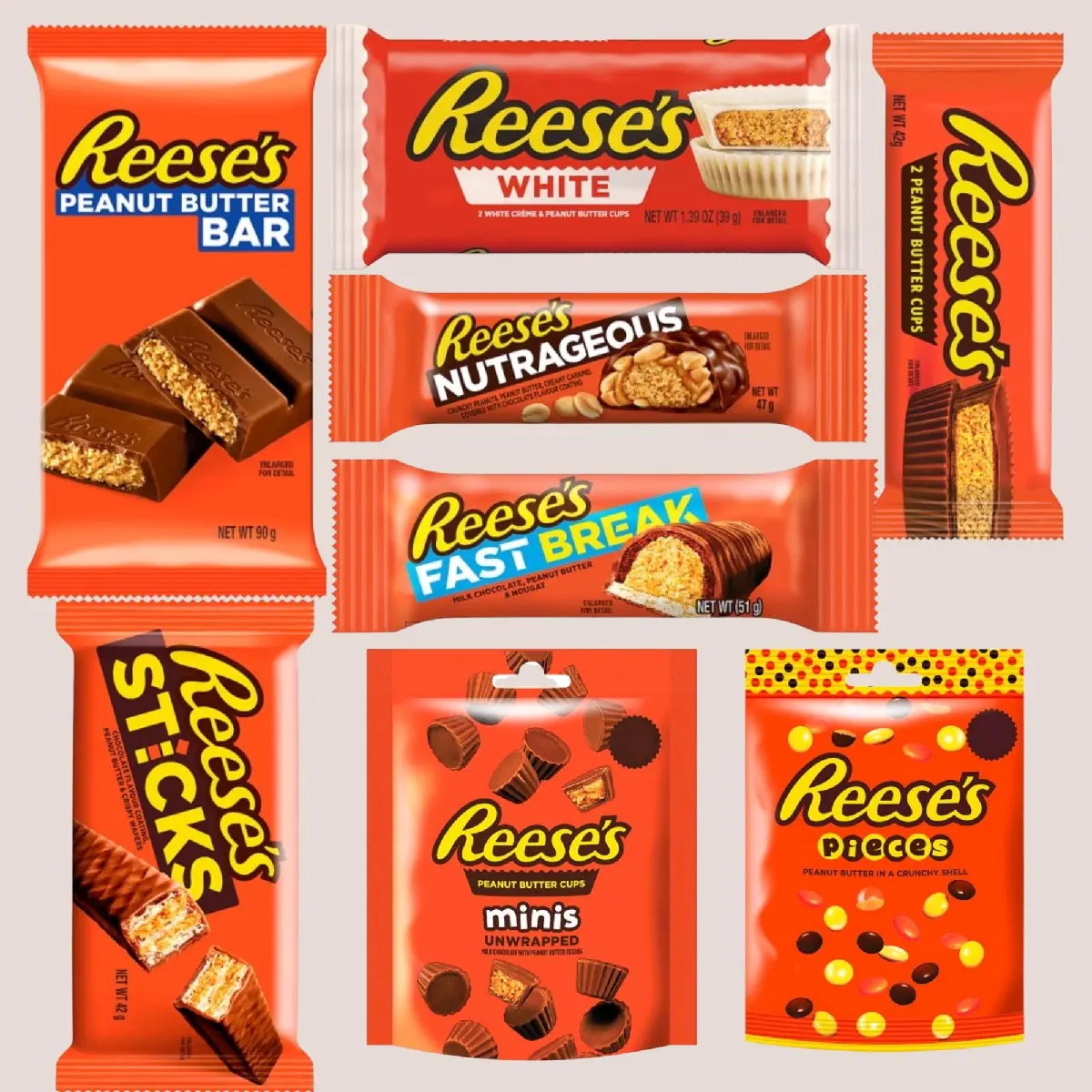 Reese's Selection box choose 1 of each or 2 of each. Reese bar 90GM, Reese's White cup 39.5gm Reese's Sticks 42gm