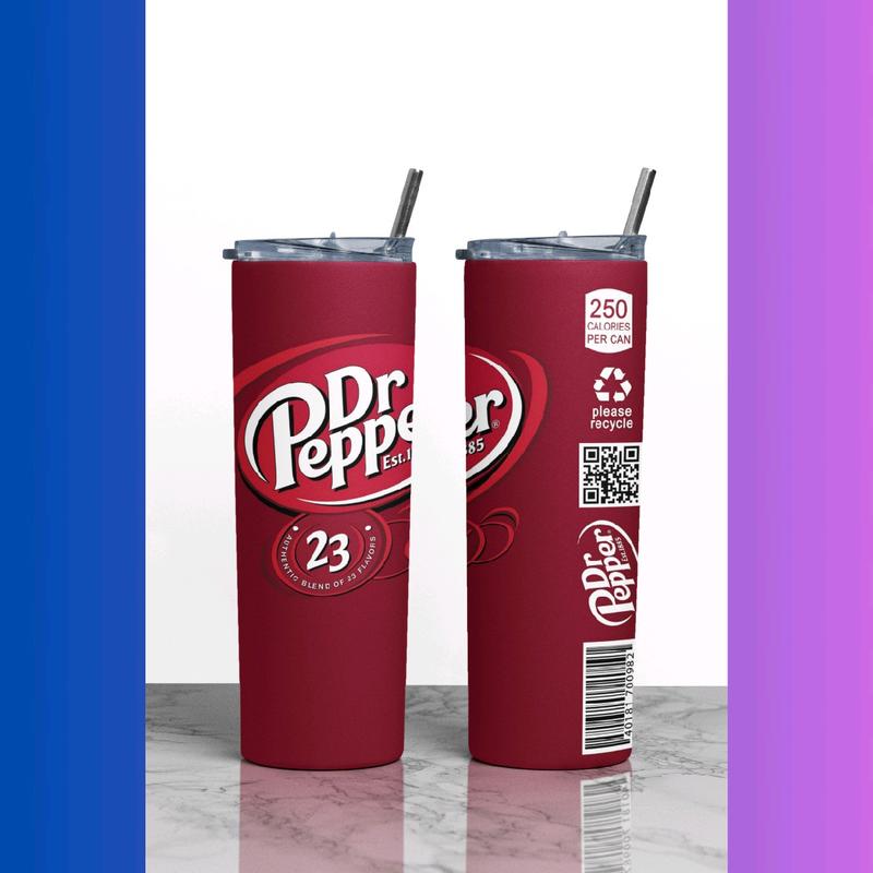Dr Pepper Style 20oz Tumbler with Metal Straw and Lid - Cola Drink Theme - Drinkware 1