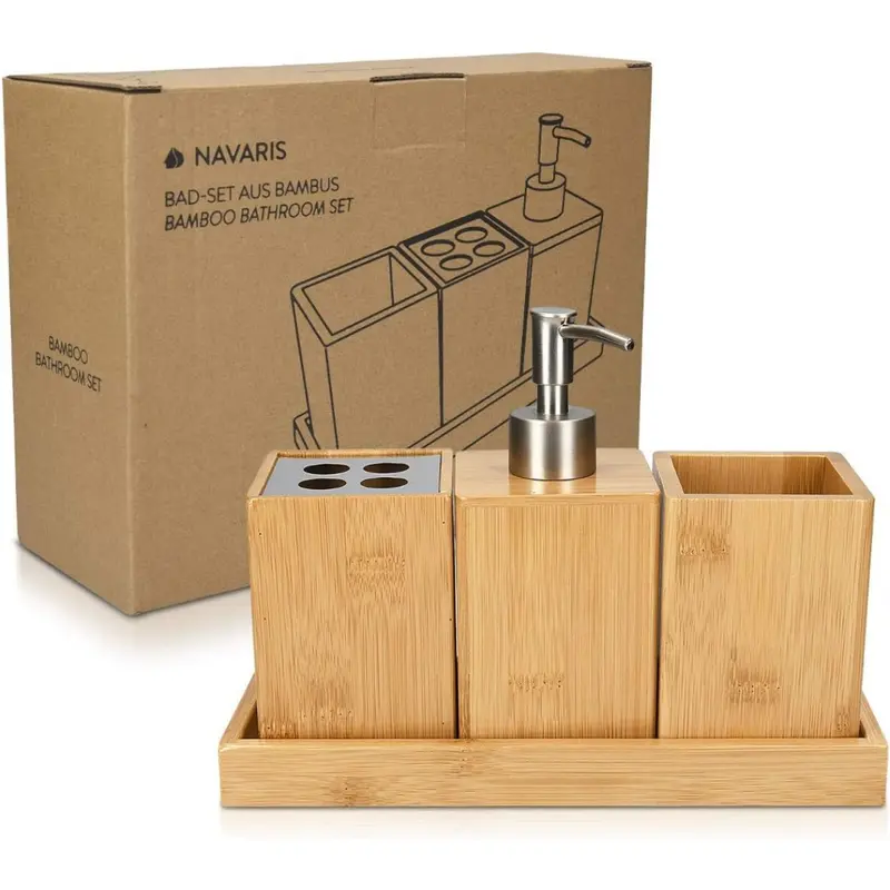 Bamboo Bathroom Accessories Set - 4-Piece Bath Set with Toothbrush Holder, Soap Dispenser, Storage Container, Organiser Tray - Natural Wood 6