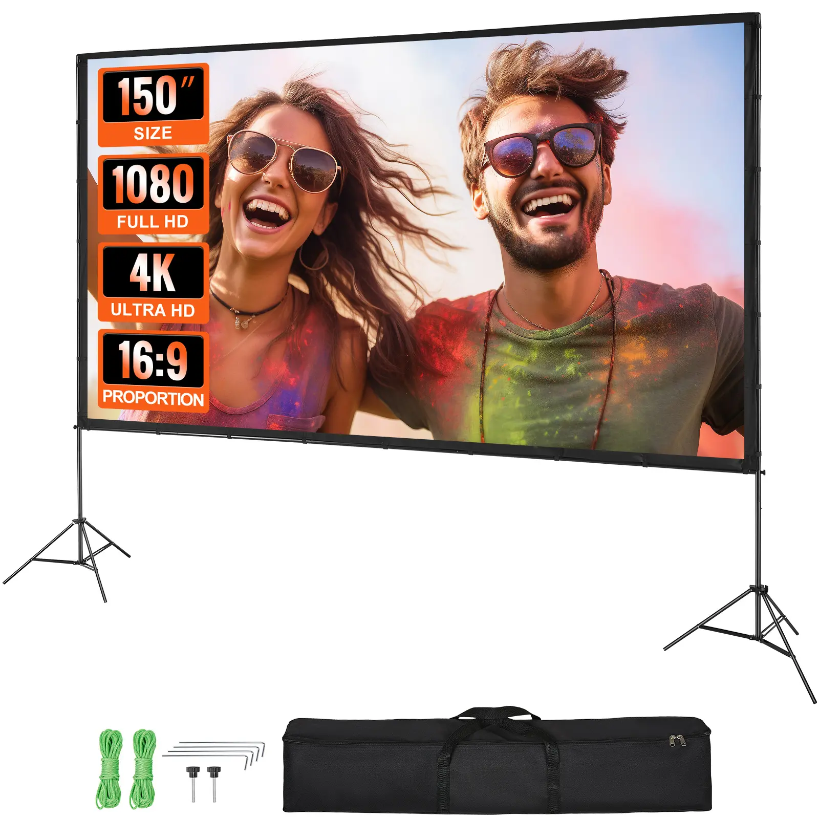 VEVOR Projector Screen with 2 Stands, Max. 150 inch 16:9 4K 1080 HD Outdoor Movie Screen, Wrinkle-Free Projection Screen with Tripods and Carry Bag, for Home Theater Cinema Backyard Movie Night