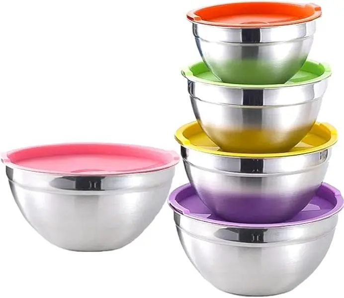 5 Pcs Mixing Bowl Set with Multicolor Lids, Kitchen Cooking Nesting, Salad and Baking Supplies Serving, Kitchen Accessories Large Capacity Bowl, Christmas Gift Stainless Steel Tableware