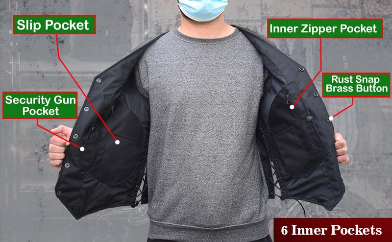 Product Introduction of Men's Black Leather Waistcoat with Side Laces and Multiple Pockets 2 Concealed Carry Gun Pockets Riding Biker Vest 2