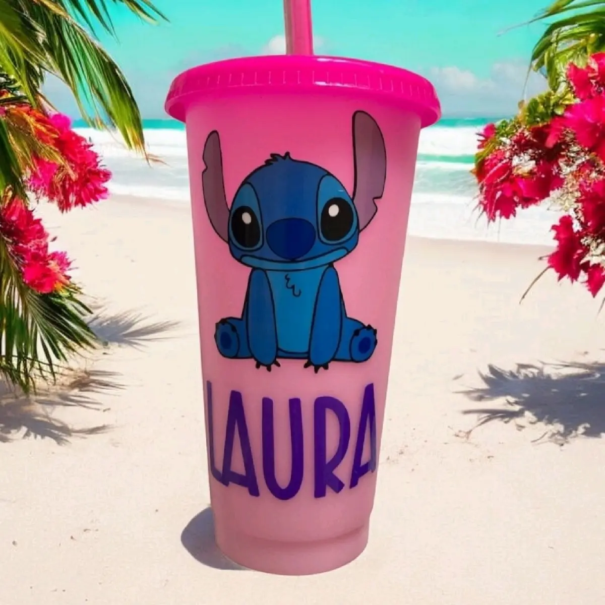 Personalised stitch cup 24oz colour changing or pink glitter cold cup tumbler straw Drink Drinkware Portable Reusable Water Bottles
