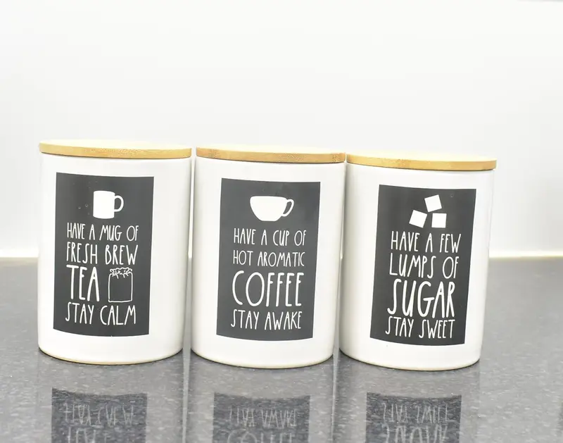 Set of 3 Jars Kitchen Canister Jar For Tea Coffee Sugar Storage Pots Wooden Lid Home Decorative, Kitchen, Dining Table, Eye-Catching Design (White & Black) 0