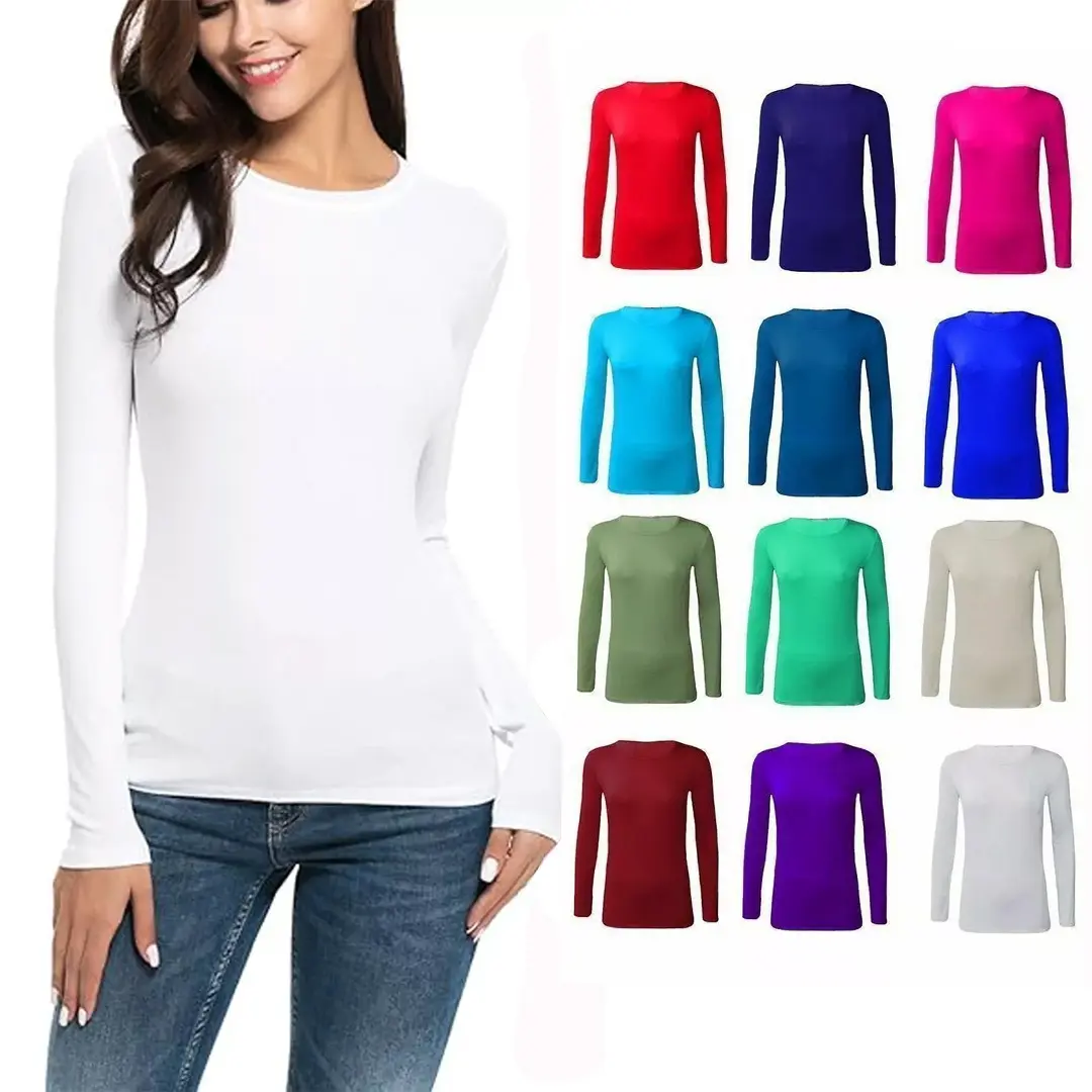 Women Ladies Long Sleeve Round Neck Plain Top Stretchy Casual Summer T-Shirts Basic Slim fit Tee Tops UK Plus Size 8-26 Comfort Crewneck