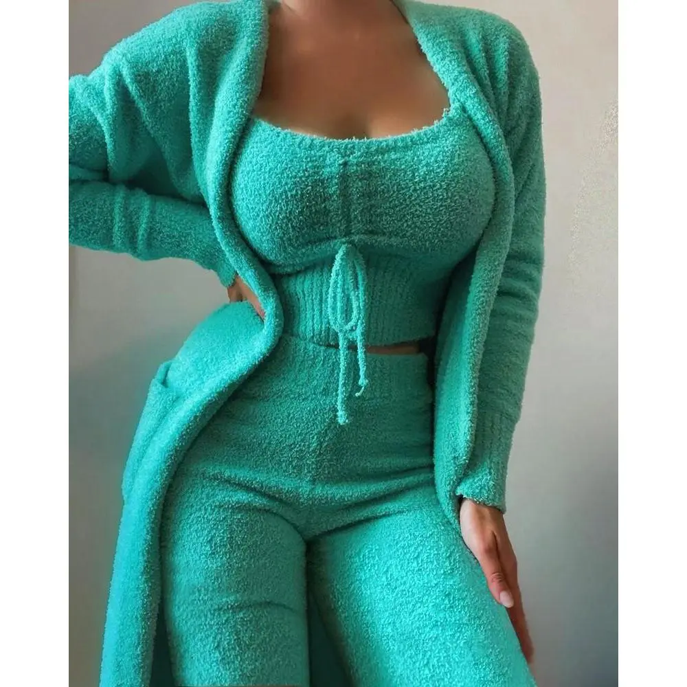 2025 New Winter Women's Velvet Pajamas Set Crop Top+Long Pants+Coat 3 Pieces Suit Warm Soft Fleece Homewear Pyjamas S-3XL