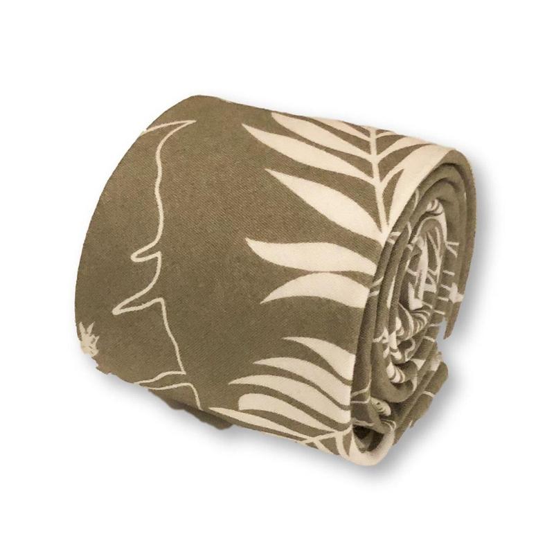 khaki green with nature palm leaf design cotton tie 0