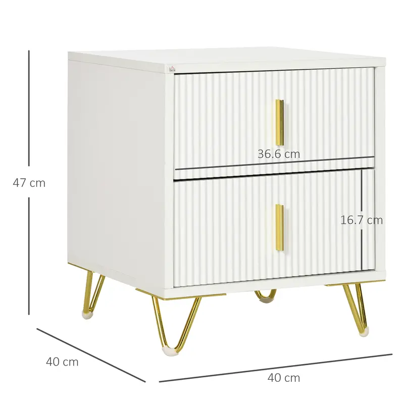 HOMCOM Bedside Table with 2 Drawers, Side End Table, Nightstand Bedside Cabinet with Metal Frame for Living Room, Bedroom, White 2