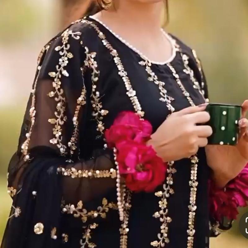 Kit Kat Chiffon Embroidered Black Kameez With Trouser - | PD-1114-6| Wedding Boat Neck Elegant Dress Dupatta 3
